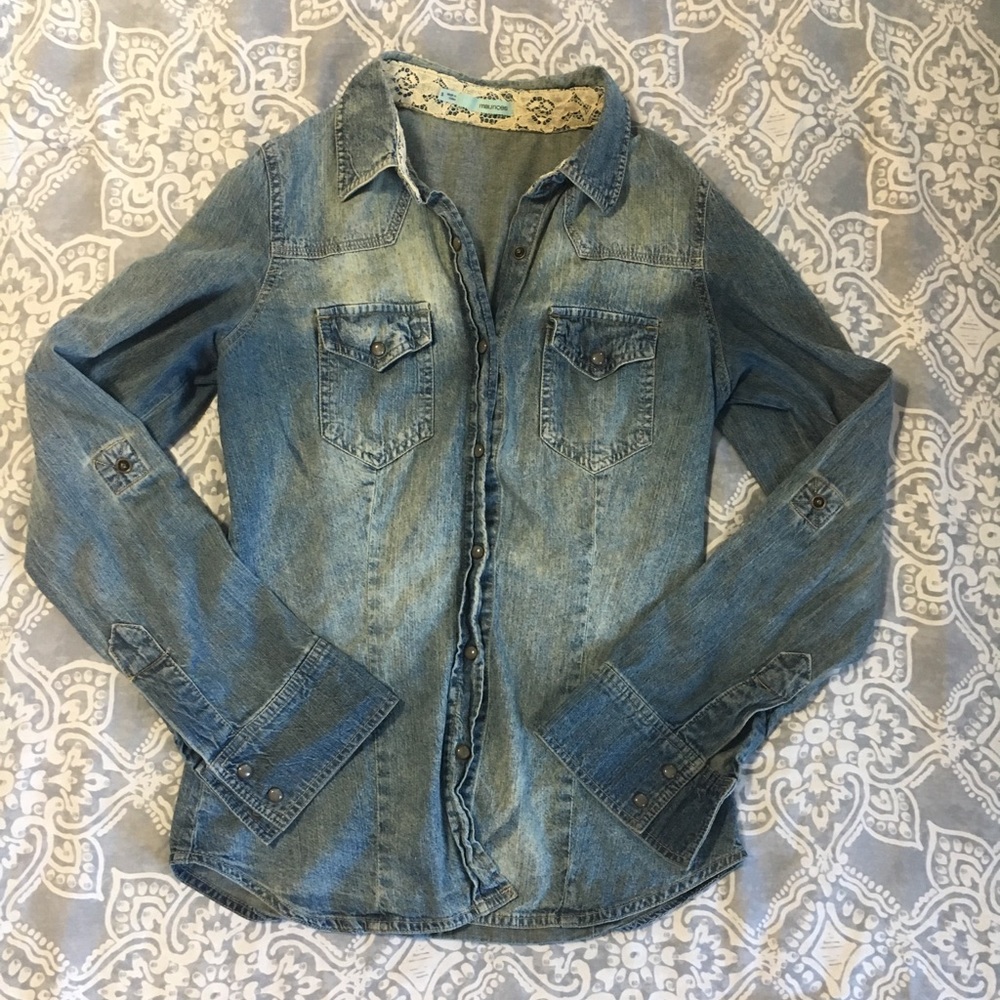 Distressed denim button up
